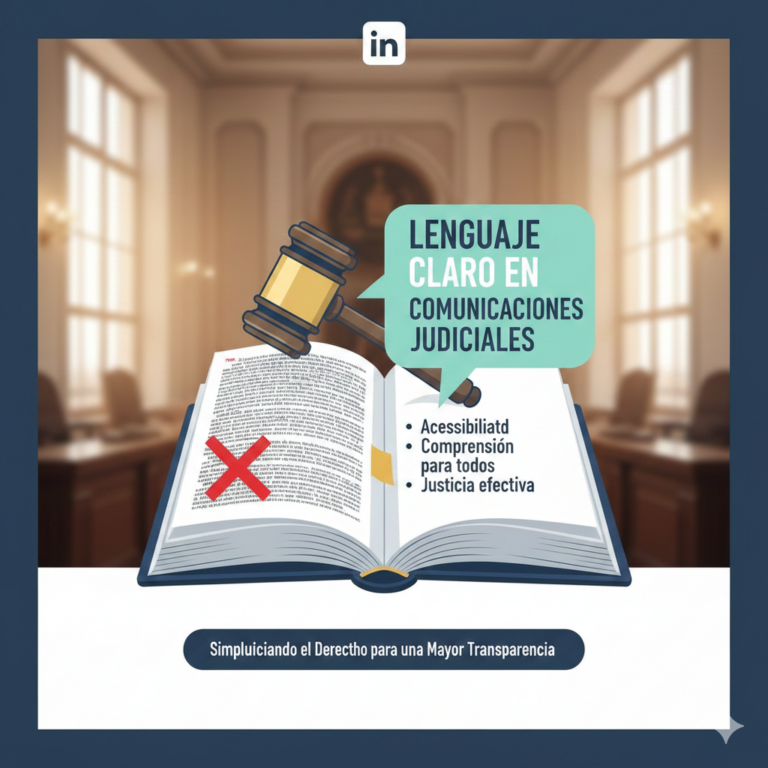 Imagen con ámbiente judicial y letrero de lenguaje claro en las comunicaciones judiciales