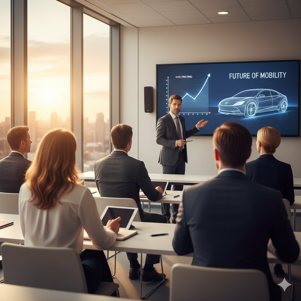 Imagen en la que aparece un profesor impartiendo una charla a un grupo de ejecutivos y ejecutivas adultos
