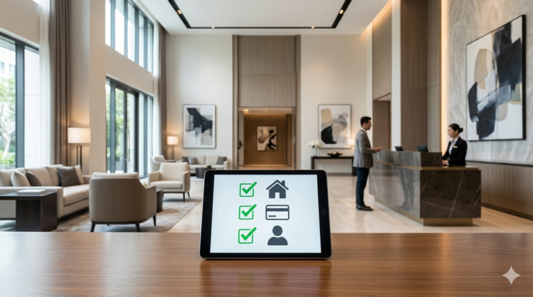 La imagen captura la esencia de un vestíbulo de hotel moderno y acogedor, con una tableta en primer plano que muestra una lista de verificación simple con los iconos solicitados (casa, tarjeta, persona).