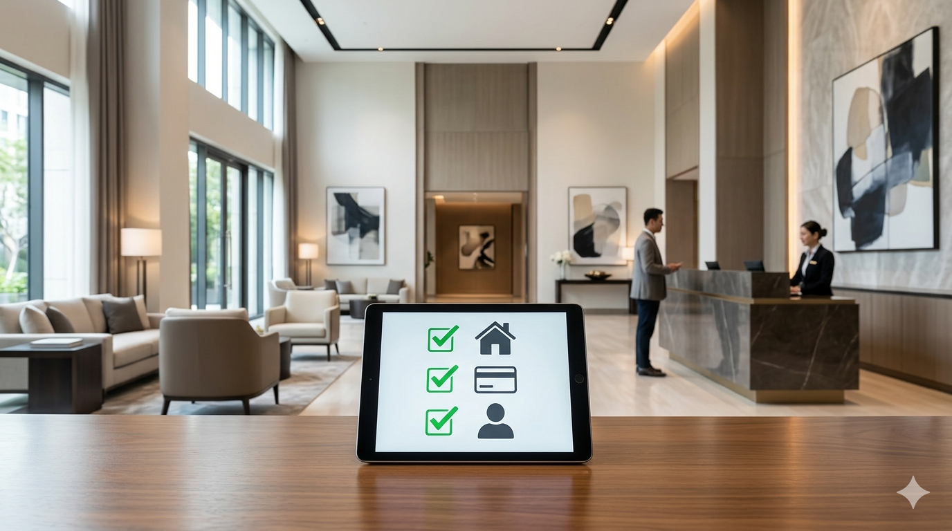 La imagen captura la esencia de un vestíbulo de hotel moderno y acogedor, con una tableta en primer plano que muestra una lista de verificación simple con los iconos solicitados (casa, tarjeta, persona).