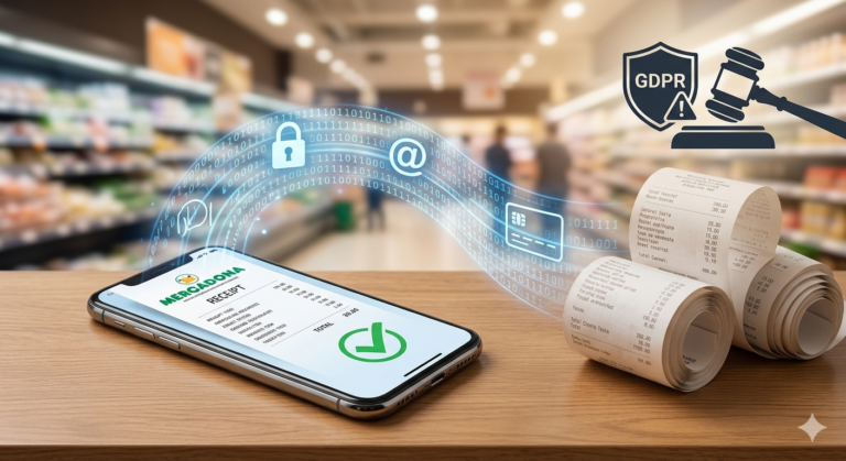 Imagen que ilustra la transición del ticket de papel al digital, simbolizando la relación entre el comercio minorista y la privacidad de datos. El teléfono muestra un recibo digital exitoso, mientras que la corriente de datos fluye hacia un mazo legal y un escudo del RGPD, evocando la autoridad legal y las posibles implicaciones y sanciones analizadas en tu texto.