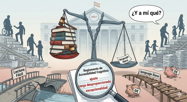 **Ilustración de estilo editorial que representa una metáfora visual de las barreras en la accesibilidad cognitiva.** La imagen muestra, en el centro, una gran balanza de la justicia con un poste central agrietado y roto, simbolizando la fragilidad del sistema. El platillo izquierdo de la balanza está muy inclinado hacia abajo por el peso de una gran pila de libros de derecho y dos mazos de juez, representando la abrumadora carga legal y burocrática. El platillo derecho, en contraste, está casi vacío y elevado, conteniendo apenas una hoja de papel pequeña y frágil etiquetada como "lenguaje llano", lo que simboliza el poco peso real que se le da a la comunicación accesible. En el primer plano, una lupa enfoca un documento titulado "Reglamento de Accesibilidad Cognitiva". Dentro de la lupa, se destacan en rojo palabras clave como "ajuste", "carga desproporcionada" y "excepcionalidad", subrayando los términos legales que pueden dificultar la implementación de la accesibilidad. A los lados, se observan dos caminos interrumpidos por barreras burocráticas: uno a la izquierda es un puente roto con un cartel que dice "Lectura Fácil", y otro a la derecha es una pasarela inestable de madera con la etiqueta "lenguaje llano". El fondo muestra un edificio gubernamental con una bandera española y un reloj que marca el año "2027", indicando una implementación retrasada de la regulación. Siluetas de personas con diversas capacidades (incluyendo una persona en silla de ruedas, ancianos y niños) intentan subir escaleras y estructuras hechas de pilas de papel desordenadas, que representan las trabas administrativas. Además, se aprecian huchas de cerdito con la etiqueta "0€", criticando un enfoque de costo cero para la accesibilidad. Una burbuja de discurso en la esquina superior derecha contiene la frase "¿Y a mí qué?", expresando el escepticismo del público. La paleta de colores es apagada, con acentos en rojo y azul para evocar un tono institucional y de urgencia.