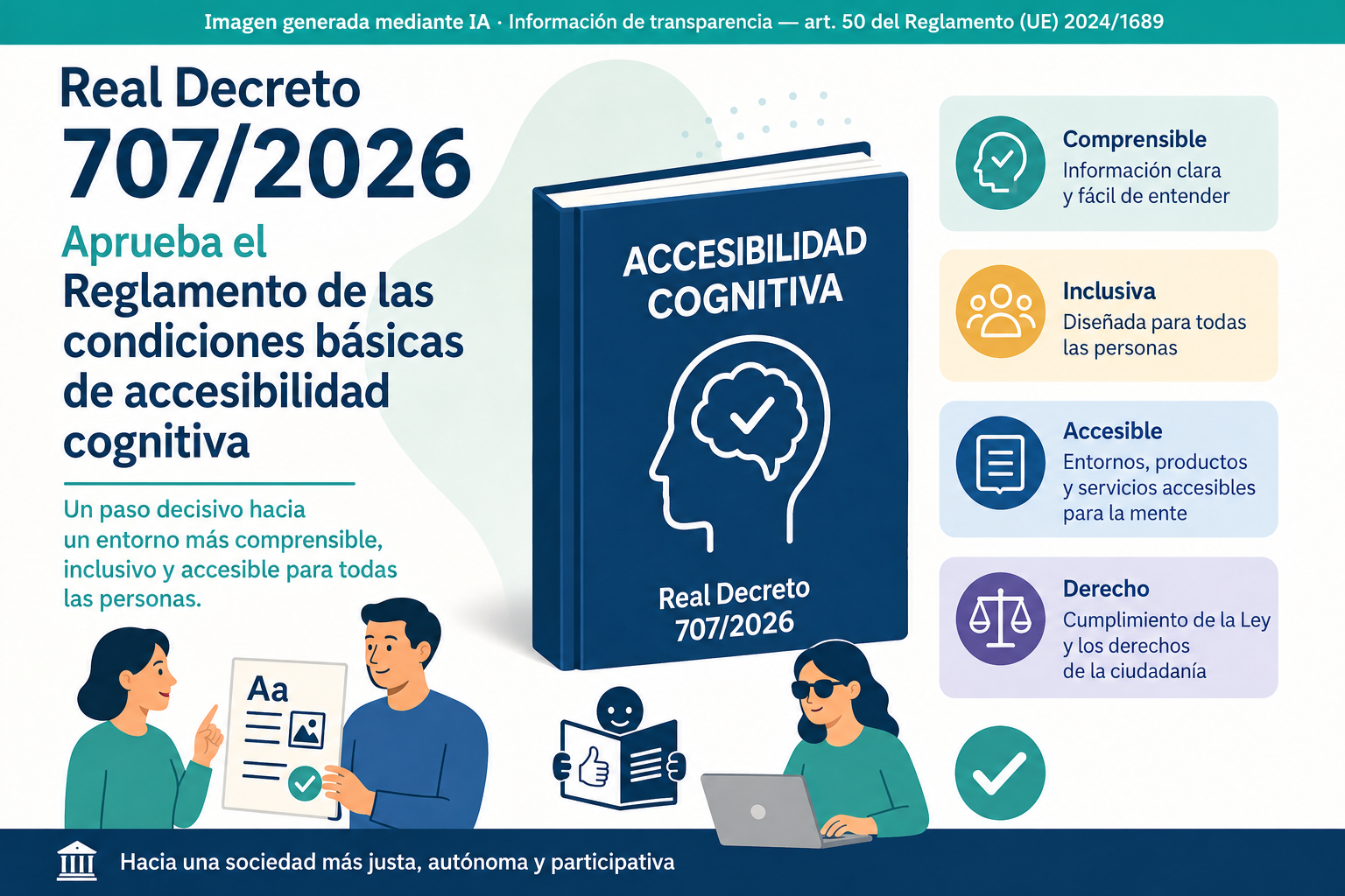 Ilustración sobre el Real Decreto 707/2026, que aprueba el Reglamento de las condiciones básicas de accesibilidad cognitiva, con un libro central y elementos que representan comprensión, inclusión, accesibilidad y derechos.